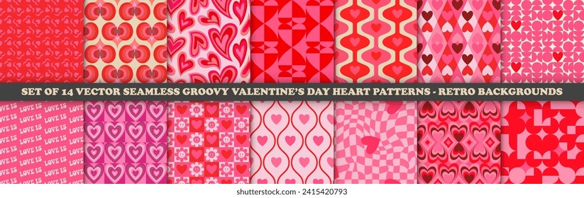 Big Collection of 1970s Groovy Hearts Seamless Patterns in Pink, Red Colors. Trendy Vector Valentine's Day endless Illustrations. Seventies Style, Groovy Love Backgrounds. Hippie Aesthetic