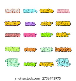 Big collection of 20 graffiti throw up bubble letter designs. Vibrant street art lettering set with drip effects on white background. High quality vector bundle for apparel.