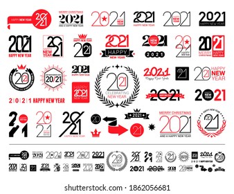 Big collection of 2021 Happy New Year signs. Set of 2021 Happy New Year symbols. Greeting card artwork, brochure template. Vector illustration with red and black holiday labels isolated on white