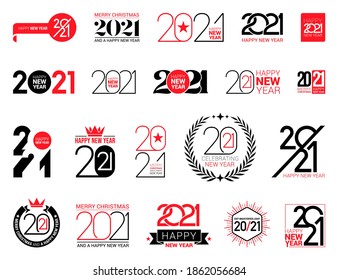 Big collection of 2021 Happy New Year signs. Set of 2021 Happy New Year symbols. Greeting card artwork, brochure template. Vector illustration with red and black holiday labels isolated