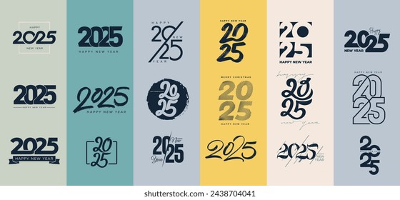 Big collection of 2025 Happy New Year signs. 2025 Happy New Year symbols. Greeting card artwork, brochure template set. Vector illustration with black holiday labels isolated on white background.