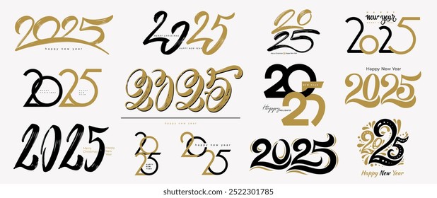 Big collection of 2025 number logo design. Template holidays, business, print, decoration 2025 New Year text design. Set of vector 2025 Happy New Year minimalist brush stroke lettering and logos.