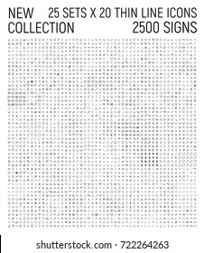 Big collection of 25 sets thin line icon. Premium pack of 2500 signs. Every set contains 20 icons. Vector illustration isolated on a white background. Award, business, management, nature, etc.