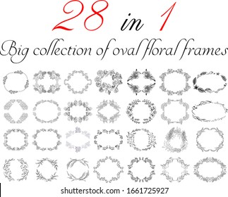 Big collection of 28 oval floral frames. Big floral botanical flowers set isolated on a white background. Hand drawn outline vector collection. Spring blossom