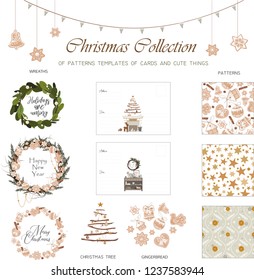 Big collection of 3 seamless gingerbread patterns, sweet decorations and flag garland, 2 templates of post card, 3 wreaths for backgrounds and 2 sets of christmas things: christmas tree and cookies
