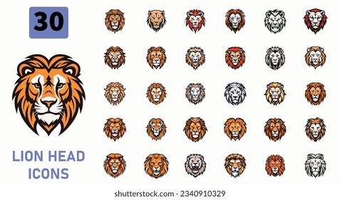 Big collection of 30 lion head vector set for logo or icon design isolated on white background