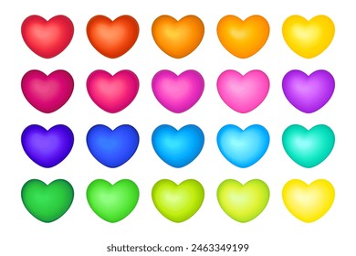 Big collection of 3D rainbow love hearts in different colors - red, orange, yellow, green, blue and purple. Set of isolated icons, vector design elements for Pride month