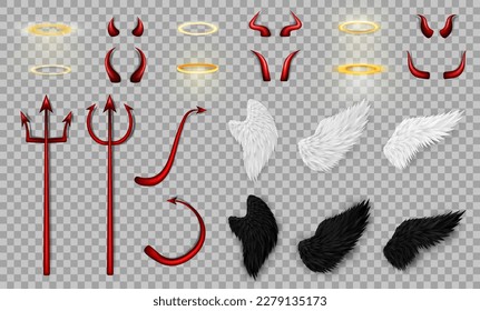 Big collection of 3d realistic angel and devil costume elements - red bloody trident, glossy horns and tails different shape, golden nimbus (halo) and various angelic white and devil black wings svg