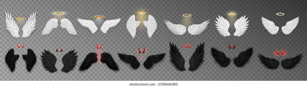 Big collection of 3d realistic angel and devil costume elements - red glossy horns different shape, golden nimbus (halo) and various angelic white and devil black wings on transparent background svg