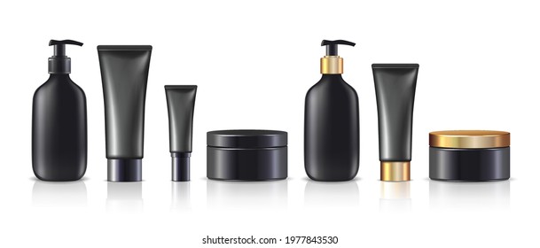 Big collection of 3d realistic vector cream bottles and jars in black with or without golden lids. Isolated on white background.