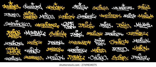 Big Collection of 50 World City Graffiti Tags with Raw Handstyle Script and Urban Drips Effect on Black Background for Streetwear Branding and Modern Typography Vector