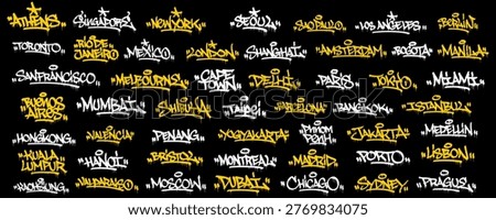 Big Collection of 50 World City Graffiti Tags with Raw Handstyle Script and Urban Drips Effect on Black Background for Streetwear Branding and Modern Typography Vector