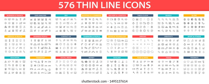 Big collection of 576 thin line icon. Web icons. Business, finance, seo, shopping, logistics, medical, health, people, teamwork, contact us, arrows, technology, social media, education, creativity.