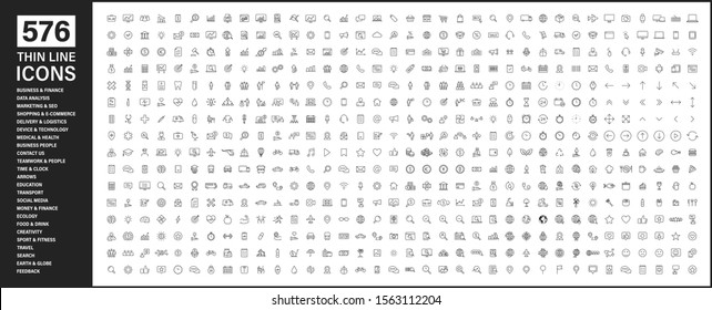Big collection of 576 thin line icon. Web icons. Business, finance, seo, shopping, logistics, medical, health, people, teamwork, contact us, arrows, technology, social media, education, creativity.