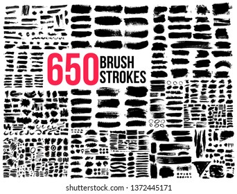 Big Collection 650 of black paint, ink brush strokes, brushes, lines. Dirty artistic design elements. Vector illustration. Isolated on white background.