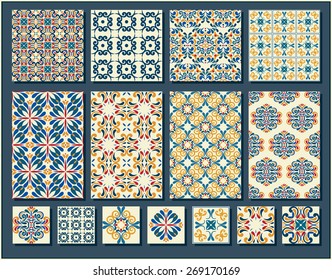 Big Collection of 7 ceramic tiles and 8 patterns, blue-orange style