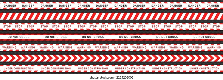 Big collection of 7 red tapes with white stripes for construction works or crime scene. Seamless warning, caution ribbons on transparent background. Template of endless "Do not cross" line for safety