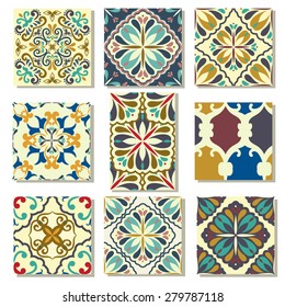 Big Collection of 9 ceramic tiles - patterns, blue-orange style