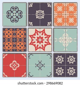 Big Collection of 9 ceramic tiles - patterns, RETRO blue-orange-red-violet-beige  style