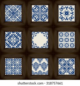 Big Collection of 9 ceramic tiles - patterns, Wood and blue ceramic tiles
