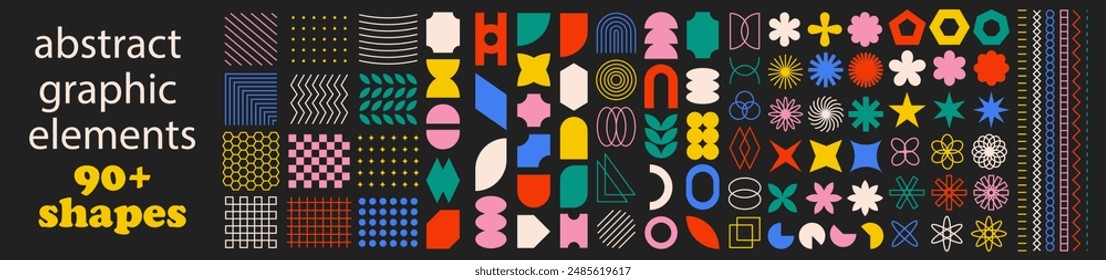 Big collection of 90+ abstract geometric shapes. Colorful modern brutal forms and figures on black background. Swiss design aesthetic. Decorative design elements.