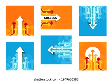Big Collection abstract  background with white paper Arrows on orange or blue backdrop. arrows going to up, down, forward or back. background  for Business Concept. Vector illustration.