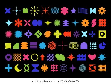 Big collection of abstract brutalist geometric symbols and objects in y2k style. Retro futuristic elements for design. Vector illustration, signs, graphic strict shapes. Templates for notes, posters.