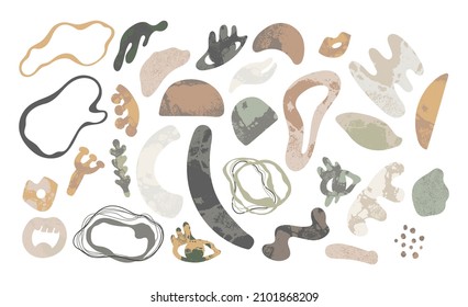 Big collection of abstract doodle organic shapes with texture in earthy colors. Trendy abstract vector objects isolated on white background. For patterns, covers, etc.