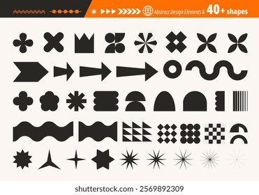 Big collection of abstract futuristic geometric shapes in trendy retro groovy, flat style. All layered and grouped. Vector.