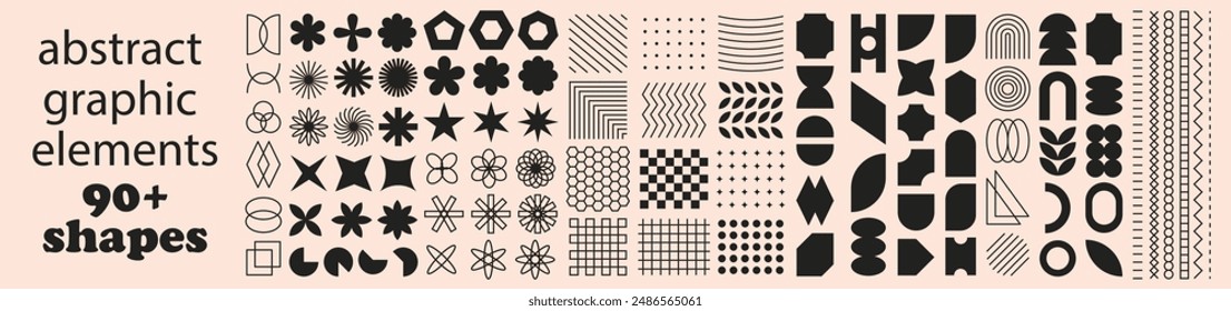 Big collection of abstract geometric shapes. Modern brutal forms and figures. Swiss design aesthetic. Decorative design elements.