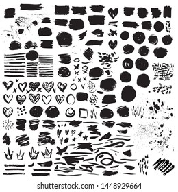 Big collection of abstract hand drawn blobs, brush strokes and splashes with ink and paint with organic natural crafty texture
