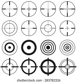 Big collection of aims, targets, cross-hairs. Black and white, vector illustration