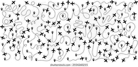 Big collection airplane routes in dotted line. Departure point, landing point set. Vector aircraft tracking, planes, travel, map pins, location pins. Editable paths, plane lines vector illustration.