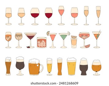 A big collection of alcoholic drinks in the retro groovy style. Summer cocktails, wine, champagne, beer in the glasses. Vintage vector illustration 70s, 80s