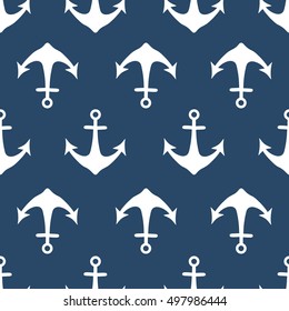 Big collection of anchors icons hand drawn, decorative seamless pattern. Doodle marine background vector. Navy blue and white backdrop with sketch objects. Simple wallpaper