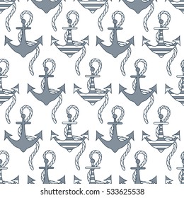 Big collection of anchors icons hand drawn, decorative seamless pattern. Marine background vector. Blue and white backdrop with objects. Decorative wallpaper, good for printing