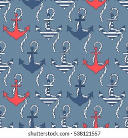 Big collection of anchors icons hand drawn, seamless pattern. Marine background vector. Colorful backdrop with objects. Decorative wallpaper, good for printing