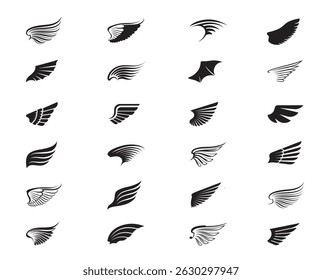Big collection Angel wings. File is a vector that can be changed for the purpose of logos, tattoo or additional graphic elements that can be applied anywhere.