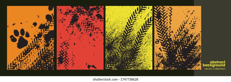 Big collection of animal prints, tyre track, and brush strokes set. Hand drawn illustrations. Usable for advertisement, banners, card, book cover, brochure, decoration, poster and etc.