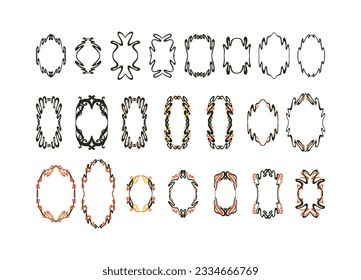 Big collection of art nouveau inspired vertical oval frames. Hand drawn vector decorations isolated on white background.