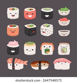 Big collection of asian food with cartoon sushi and rolls vector set original artwork