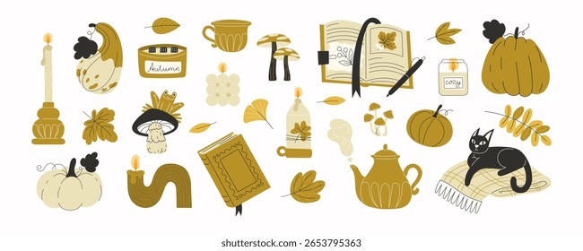 Grande Coleção de Elementos Decorativos de outono em Estilo Plano com Velas, Cobertores, Folhas, Cogumelos, Abóboras, Livros e Gato

