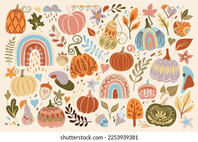 Big Collection of Autumn Plants, Pumpkins Designs. Rainbows, Apple, Pear, Acorns, Lot of Leaves and Deco Elements. Elegant Natural Motifs. Hand Drawn Style. Vector Illustration