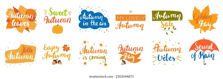 Big collection of Autumn short phrases. Autumn quotes calligraphy lettering. Vector illustraiton.