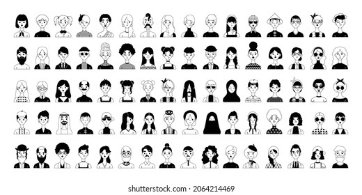 Big collection of avatars. Funny and serious characters in cartoon style. Black and white graphics.