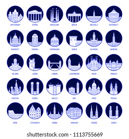 Big collection of badges of European cities, high detailed vector illustration