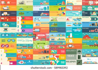 Big collection of banners in flat style. In Set themes: business, airport, online workshop, travel, medicine, eco, news, home appliance, farm, food, glasses, city, army, painter, export. Vector design