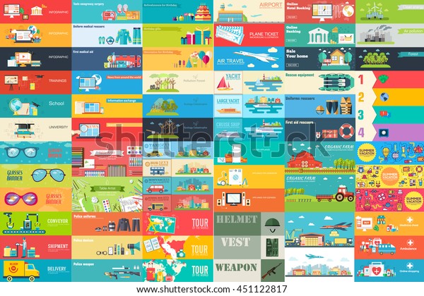 Big collection of banners in flat style. In Set
themes: business, airport, online workshop, travel, medicine, eco,
news, infographic, farm, summer, glasses, city, army, painter,
export. Vector design