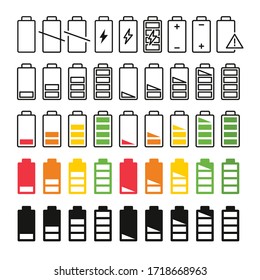 Big collection of battery. Charging indicator icons.  Status batteries set. Full energy. Empty charge level. Vector illustration isolated on a white background.