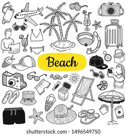 Big collection of Beach elements. Tourism and summer concept. Hand drawn sketch isolated on a white. Vintage vector engraving illustration for poster, web.